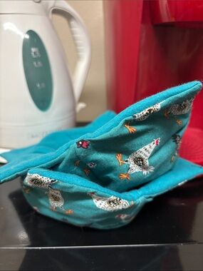 Hand Crafted Teal Chicken Print Fabric Bowl Cozy Set of 2!